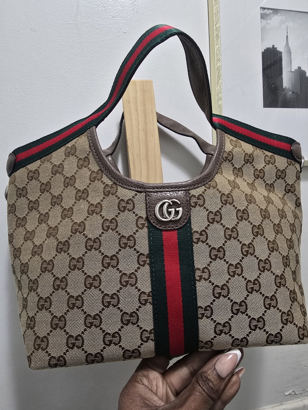Canvas Cotton Supreme GIG Small Tote w/ Green/Red Stripe Brown LeatherTrim/strap - Picture 9 of 16
